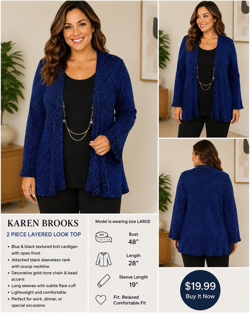 Karen Brooks Women L Blue Black Knit Cardigan Tank 2 Piece Layered Chain Top